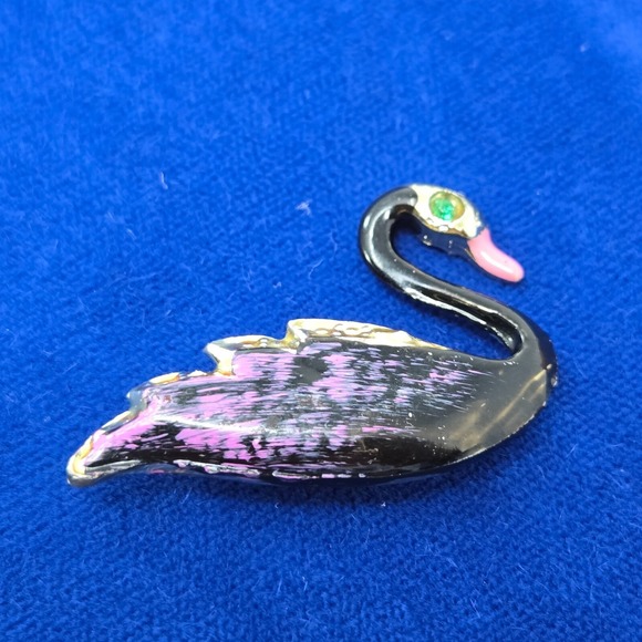 Vintage Swan Enamel White Gold Pin Brooch Fashion Jewelry Black Purple Green - Picture 12 of 16